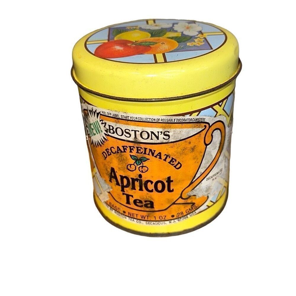 Vintage decorative Boston Apricot Tea Tin fruit + lid  yellow, fruit, flowers
